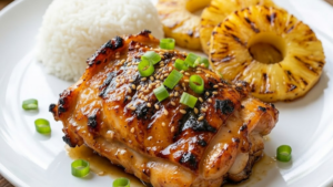 Molokai Chicken Recipe 21 Molokai chicken served with rice and grilled pineapple.