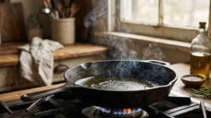 Mollejas de Res Recipe 19 Olive oil heating in a skillet before cooking mollejas.