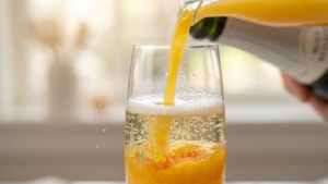 Classic Mimosa Recipe 17 Orange juice being added to champagne in a glass to make a mimosa