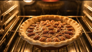 Goode Pecan Pie Recipe 19 Pecan pie baking in the oven until golden brown.