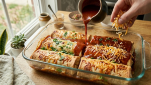 Pouring enchilada sauce and cheese over burritos before baking