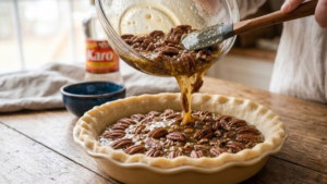 Goode Pecan Pie Recipe 17 Pouring pecan pie filling into an unbaked pie crust.