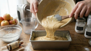 Stock’s Bakery Pound Cake Recipe 20 Pouring pound cake batter into loaf pan.