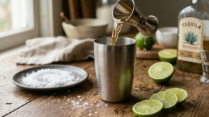 Pouring tequila and lime juice into a shaker.