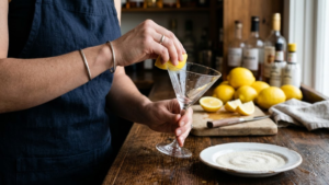 Lemon Drop Recipe 14 Preparing a sugar rim on a martini glass using a fresh lemon wedge for a lemon drop cocktail