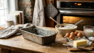 Stock’s Bakery Pound Cake Recipe 14 Preparing loaf pan and preheating oven for pound cake.