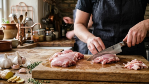 Molokai Chicken Recipe 14 Preparing raw chicken thighs on a cutting board for Molokai chicken recipe.