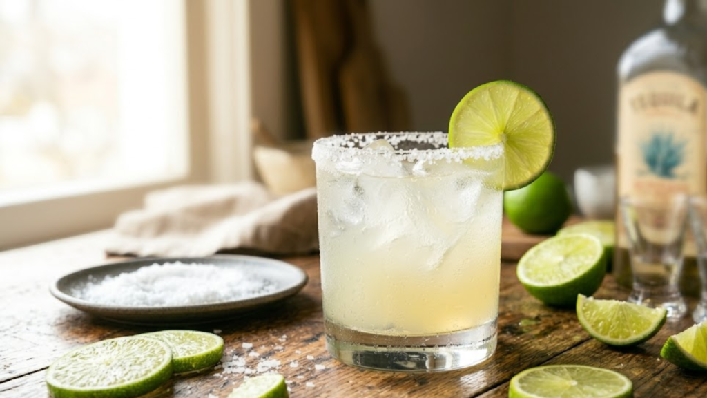 Classic margarita recipe cocktail with lime and salted rim on rustic table.