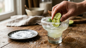 Rimming a margarita glass with lime before dipping into salt