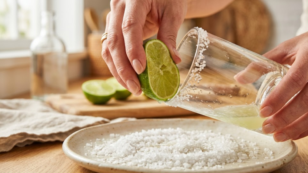 Don Julio Paloma Recipe 2 Rimming cocktail glass with lime and salt - Don Julio Paloma Recipe