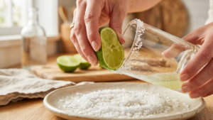 Don Julio Paloma Recipe 4 Rimming cocktail glass with lime and salt