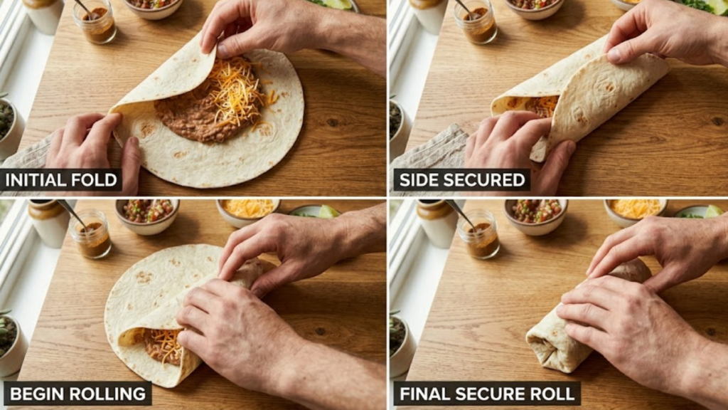 Rolling burrito tightly with bean filling step by step - Baked Beans Burrito Recipe