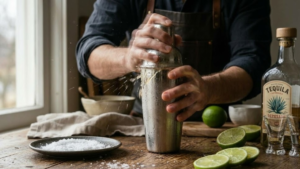 Shaking margarita ingredients in a cocktail shaker.