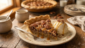 Goode Pecan Pie Recipe 21 Slice of Goode pecan pie served with vanilla ice cream.