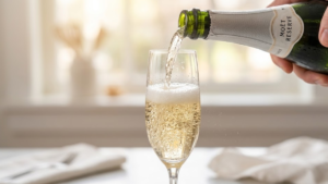 Classic Mimosa Recipe 16 Sparkling champagne being poured into a champagne flute for mimosa preparation
