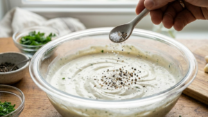 Sprinkling salt and pepper into homemade Mazzios ranch dressing