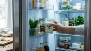 Storing Mazzios ranch dressing in a jar inside refrigerator for chilling