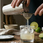 Straining margarita into a salt-rimmed glass with ice.