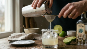 Straining margarita into a salt-rimmed glass with ice.