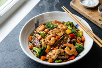 Triple delight Chinese food with chicken beef shrimp stir fry and vegetables in bow