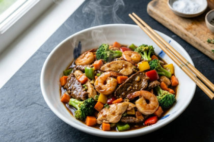 Triple delight Chinese food with chicken beef shrimp stir fry and vegetables in bow