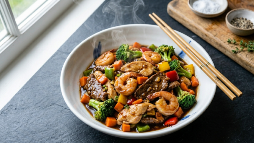 Triple delight Chinese food with chicken beef shrimp stir fry and vegetables in bow