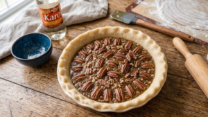 Goode Pecan Pie Recipe 18 Unbaked pecan pie ready to go into the oven.