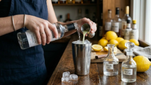 Lemon Drop Recipe 16 Vodka, lemon juice, triple sec, and simple syrup added to a cocktail shaker for lemon drop recipe