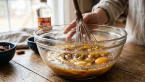 Goode Pecan Pie Recipe 15 Whisking eggs, sugar, corn syrup, butter, and vanilla to make pecan pie filling.
