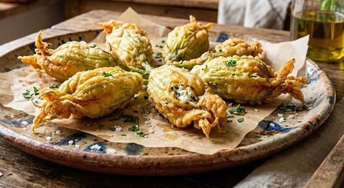 Crispy Italian zucchini flower recipe with golden fried squash blossoms on plate