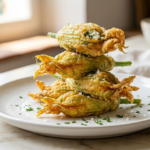 Crispy Italian zucchini flower recipe with golden fried squash blossoms on rustic plate