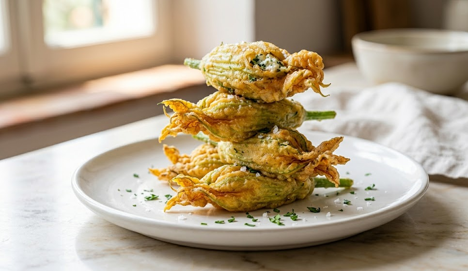 Crispy Italian zucchini flower recipe with golden fried squash blossoms on rustic plate