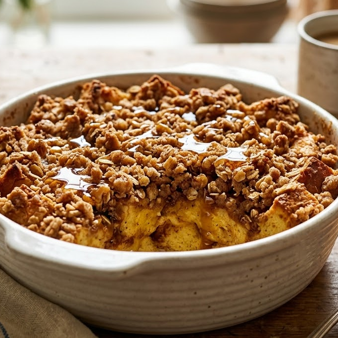 Barefoot Contessa Baked French Toast Casserole Recipe 2 Barefoot Contessa baked French toast casserole with crispy cinnamon streusel topping and maple syrup drizzle in a white baking dish