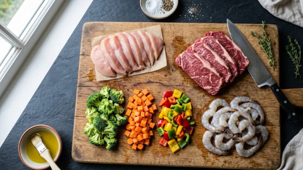 Triple delight Chinese food ingredients with sliced chicken, beef, shrimp and fresh vegetables on cutting board