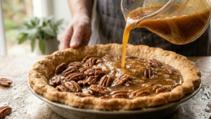 Goode and Co Pecan Pie Recipe 9 Adding pecans and pouring filling into pie crust before baking