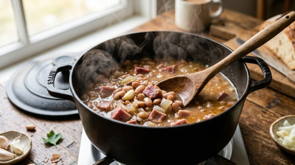 Anasazi beans cooking in pot with onion garlic and ham - Anasazi Beans Recipe