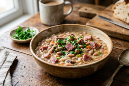 Anasazi beans recipe with ham served in a rustic bowl with herbs