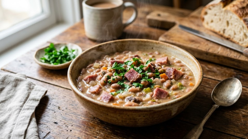 Anasazi beans recipe with ham served in a rustic bowl with herbs