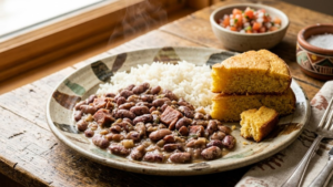 Anasazi beans served with rice and cornbread meal