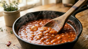 Baked beans simmering in saucepan for English breakfast