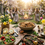 Beautiful Beltane feast with traditional foods in a spring garden setting