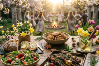 Beautiful Beltane feast with traditional foods in a spring garden setting