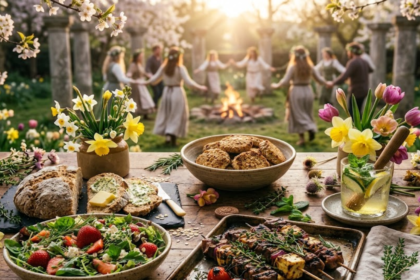 Beautiful Beltane feast with traditional foods in a spring garden setting