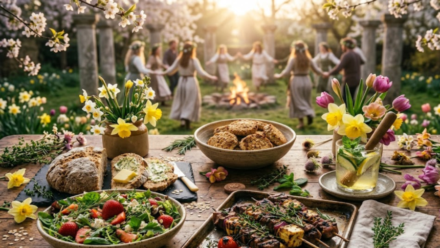 6 Beltane Recipes: Easy & Traditional Dishes for a Magical May Day Feast 1 Beautiful Beltane feast with traditional foods in a spring garden setting