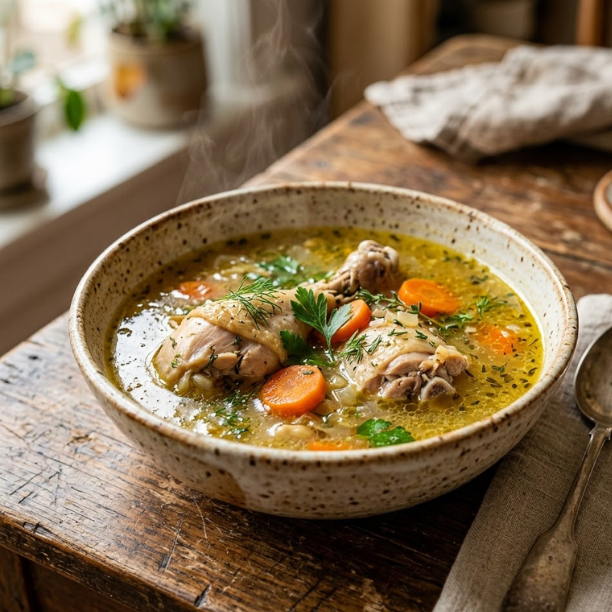 Bone Appétit Recipe 13 Bone Appétit recipe featuring a warm bowl of chicken bone broth soup with vegetables and herbs