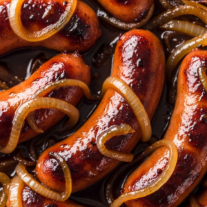 Brat Recipe (Beer Brats) – Juicy, Flavorful & Easy to Make 17 Brats cooking in thick beer sauce with caramelized onions