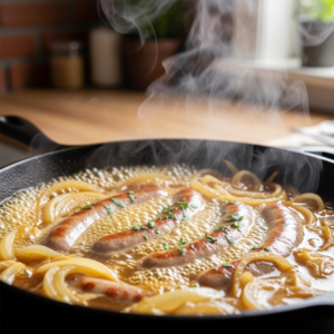Brat Recipe (Beer Brats) – Juicy, Flavorful & Easy to Make 16 Bratwurst simmering in beer with onions in skillet