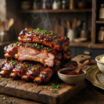 Close-up of juicy boneless pork ribs with glossy BBQ sauce and crispy caramelized edges