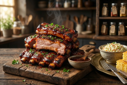 Close-up of juicy boneless pork ribs with glossy BBQ sauce and crispy caramelized edges