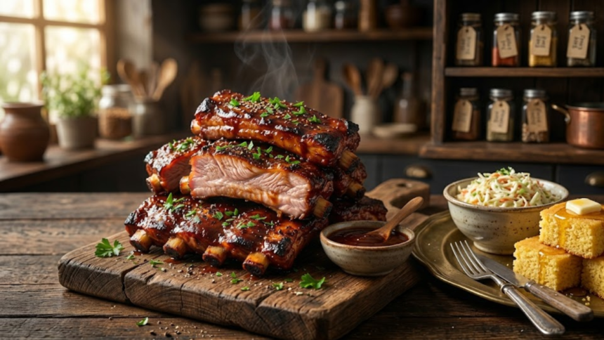 Close-up of juicy boneless pork ribs with glossy BBQ sauce and crispy caramelized edges